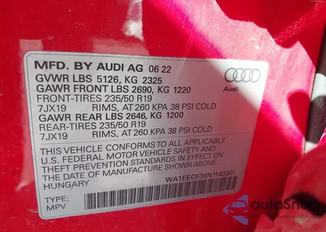 2022 Audi Q3 Premium Plus 45 Tfsi S Line Quattro Tiptronic z USA, uszkodzony, nr VIN WA1EECF36N1143301